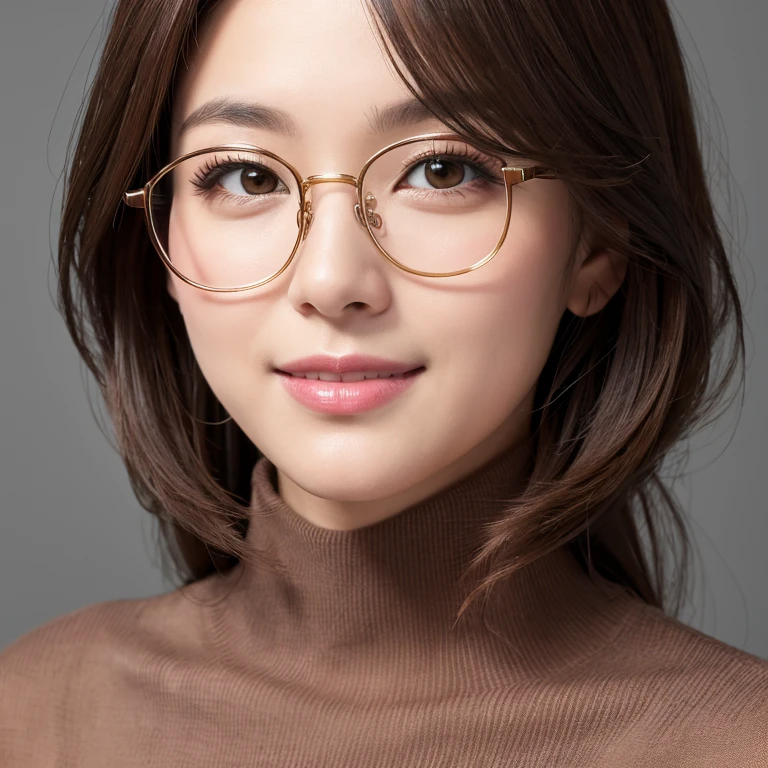 (Highest quality、Tabletop、8k、Best image quality、Ultra-high resolution、Award-winning works)、One beautiful woman、alone、(Classy glasses:1.1)、Accurate anatomy、(Face close-up:1.2)、(Perfect brown turtleneck long knit sweater:1.2)、Smooth long knit sweater、Ultra-high resolutionの艶と潤いのある美肌、Ultra-high resolutionの美しい顔、Ultra-high resolutionの煌めく瞳、Ultra-high resolutionの完璧な歯、Ultra-high resolutionの髪の毛、Look at me and smile、Perfect Makeup、that&#39;that&#39;s right、Brown knit with precision and perfection、(Simple Background:1.3)、Upper body naked,Pointed nipples are visible