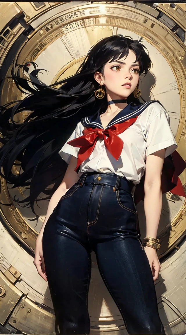 images of beautiful cyberpunk women o(8k, RAW photo, best quality, masterpiece:1.2),    RanmaChan, RanmaRedShirt, blue pants　fficial art, unity 8k wallpaper, ultra detailed, beautiful and aesthetic, masterpiece, best quality, chinese style, (zentangle, mandala, tangle, entangle),  of flower, 1girl, extremely detailed, dynamic angle, cowboyshot, the most beautiful form of chaos, elegant, a brutalist designed, vivid colours, romanticism, by james jean, roby dwi antono, ross tran, francis bacon, michal mraz, adrian ghenie, petra cortright, gerhard richter, takato yamamoto, ashley wood, atmospheric The main character is Usagi Tsukino, a clumsy and seemingly ordinary teenage girl who discovers that she is the reincarnation of Sailor Moon, the legendary warrior of love and justice. Usagi is joined by other Sailor Guardians, including Sailor Mercury, Sailor Mars, Sailor Jupiter, and Sailor Venus, each of whom possesses unique powers and abilities. Together, they fight evil forces, protect the world from various threats, and search for the Moon Princess. masterpiece, Highest quality, Perfect Face, Highest Resolution, Highest quality,Detailed depiction of the eyes, 1 girl, young, slender body, Short, deep tan skin, slate gray hair, short hair, upturned eyes, Yellow Orange eyes, Perfect Anatomy, steampunk, ribbon choker, Work clothes, steam locomotive, station