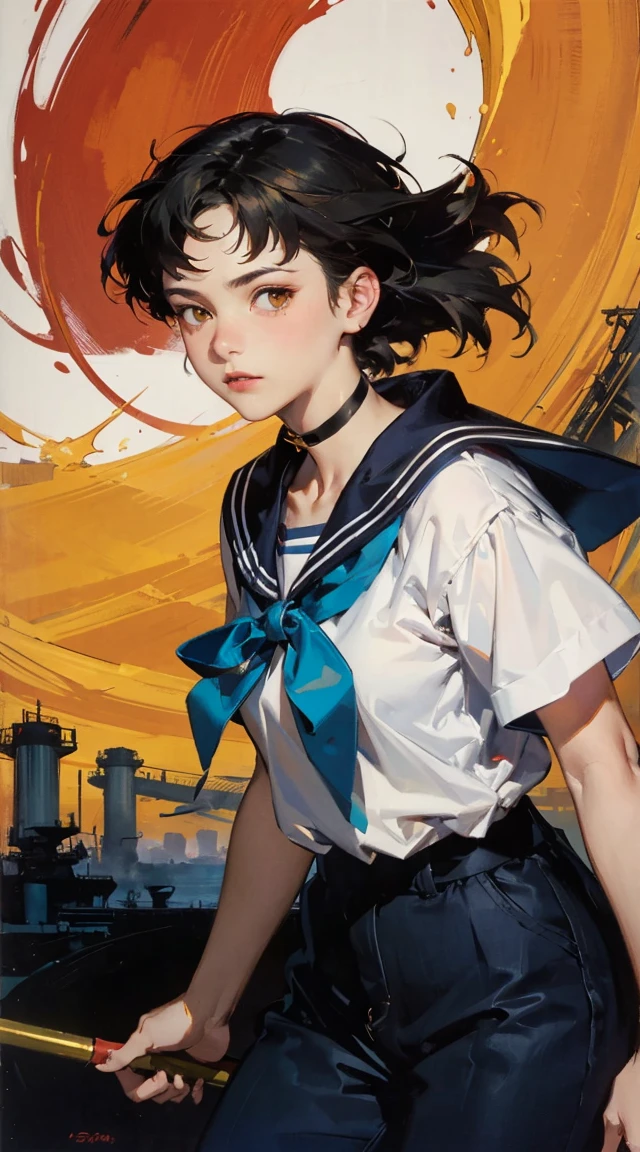 images of beautiful cyberpunk women o(8k, RAW photo, best quality, masterpiece:1.2),    RanmaChan, RanmaRedShirt, blue pants　fficial art, unity 8k wallpaper, ultra detailed, beautiful and aesthetic, masterpiece, best quality, chinese style, (zentangle, mandala, tangle, entangle),  of flower, 1girl, extremely detailed, dynamic angle, cowboyshot, the most beautiful form of chaos, elegant, a brutalist designed, vivid colours, romanticism, by james jean, roby dwi antono, ross tran, francis bacon, michal mraz, adrian ghenie, petra cortright, gerhard richter, takato yamamoto, ashley wood, atmospheric The main character is Usagi Tsukino, a clumsy and seemingly ordinary teenage girl who discovers that she is the reincarnation of Sailor Moon, the legendary warrior of love and justice. Usagi is joined by other Sailor Guardians, including Sailor Mercury, Sailor Mars, Sailor Jupiter, and Sailor Venus, each of whom possesses unique powers and abilities. Together, they fight evil forces, protect the world from various threats, and search for the Moon Princess. masterpiece, Highest quality, Perfect Face, Highest Resolution, Highest quality,Detailed depiction of the eyes, 1 girl, young, slender body, Short, deep tan skin, slate gray hair, short hair, upturned eyes, Yellow Orange eyes, Perfect Anatomy, steampunk, ribbon choker, Work clothes, steam locomotive, station