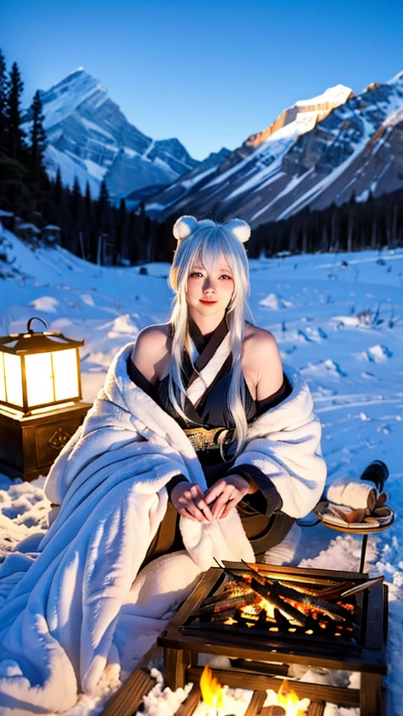 best quality,masterpiece,Ultra-high resolution,(photoactual:1.4),Snowy mountains at night,Icefields Tribe,20 years old,(Japan)White Woman,White hair over shoulders,White fur cloak,Sit on a stone,Barbecuing food by the campfire