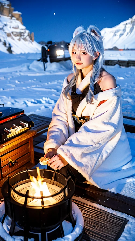 best quality,masterpiece,Ultra-high resolution,(photoactual:1.4),Snowy mountains at night,Icefields Tribe,20 years old,(Japan)White Woman,White hair over shoulders,White fur cloak,Sit on a stone,Barbecuing food by the campfire