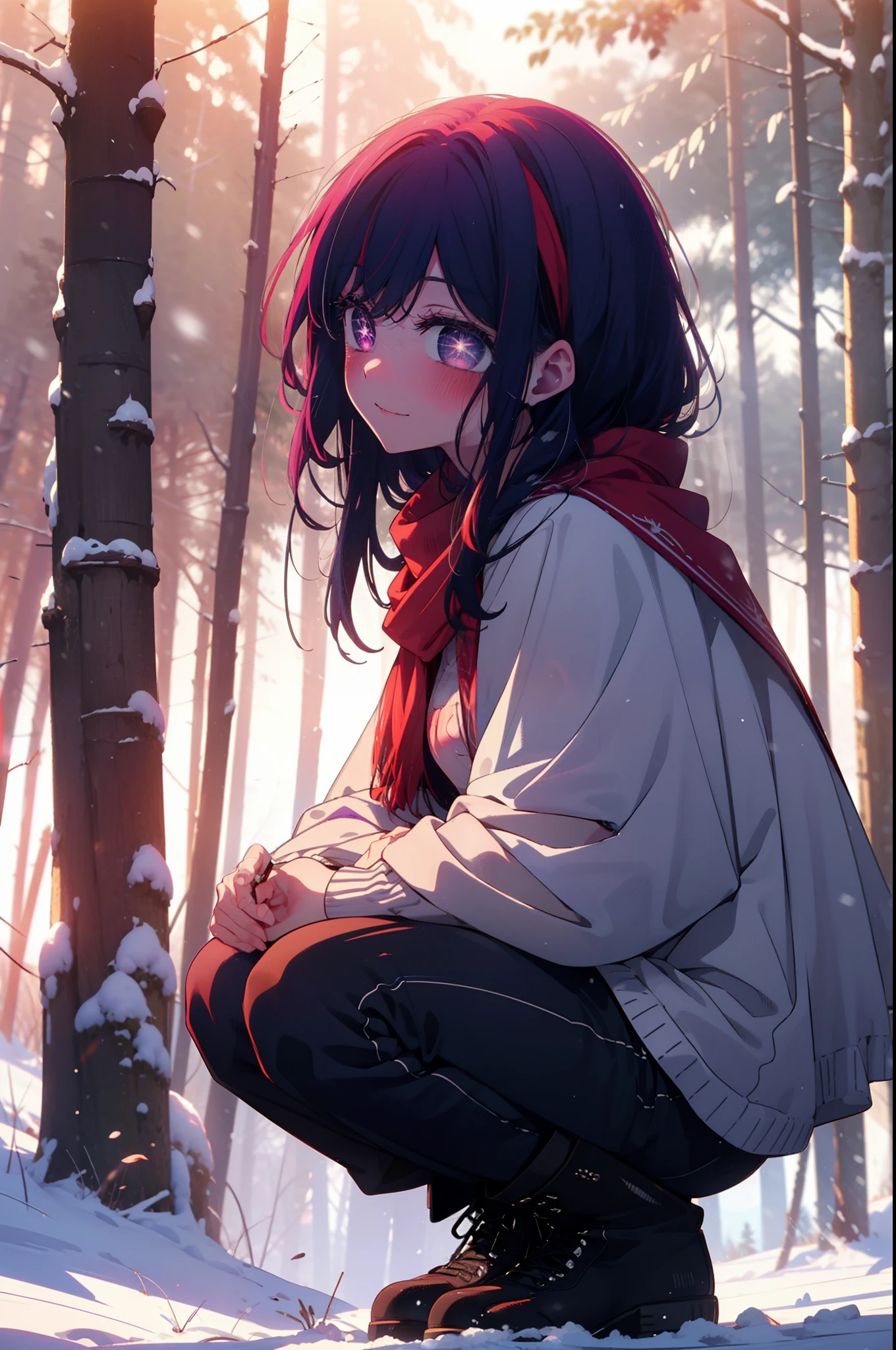 aihoshino, Ai Hoshino, Long Hair, bangs, (Purple eyes:1.1), Purple Hair, (Symbol-shaped pupil:1.5), smile,,smile,blush,white breath,
Open your mouth,snow,Ground bonfire, Outdoor, boots, snowing, From the side, wood, suitcase, Cape, Blurred, , forest, White handbag, nature, Squat, Mouth closed, Cape, winter, Written boundary depth, Black shoes, red Cape break looking at viewer, Upper Body, whole body, break Outdoor, forest, nature, break (masterpiece:1.2), Highest quality, High resolution, unity 8k wallpaper, (shape:0.8), (Beautiful and beautiful eyes:1.6), Highly detailed face, Perfect lighting, Highly detailed CG, (Perfect hands, Perfect Anatomy),