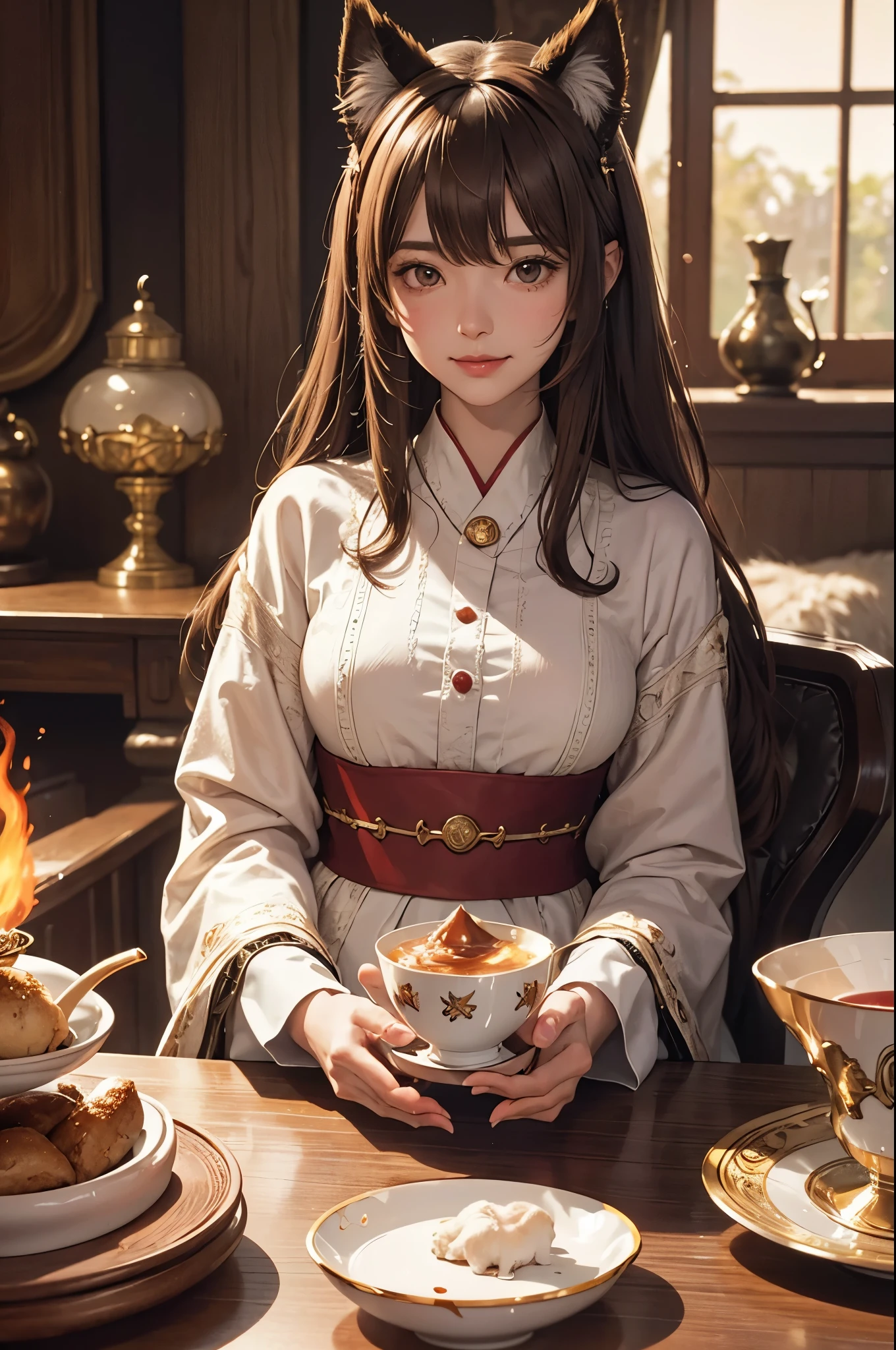 looking at viewer,detailed background,Cinematic Lighting,film grain,score_9,score_8_up,score_7_up,masterpiece,best quality,highly detailed,
glowing,Expressiveh,th3rm4l,colorful,
1girl,animal ears,brown hair,smile,cup,virtual youtuber,solo,dog ears,brown eyes,(fire:1.2),inugami korone,holding,bangs,sitting,long sleeves,teacup,blush,food,chair,table,sweat,indoors,closed mouth,dog girl,chibi,looking at viewer,(burning:1.2),