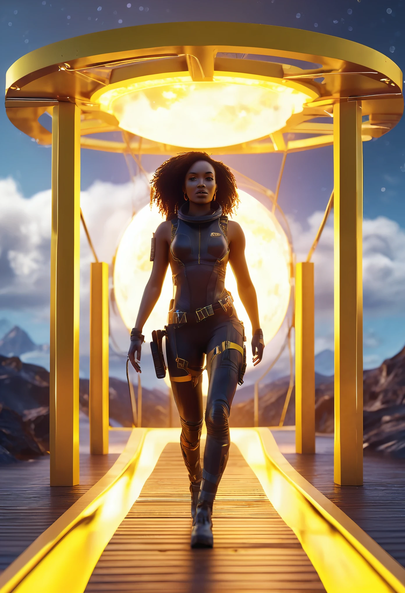 Black woman walking on a floating yellow wooden bridge in outer space, spherical portal in background connecting to the bridge, (((yellow sunshine in sky shining a light   providing a beautiful and vibrant glowing cinematic scene))), ultra HD, hyper-realistic images, 32k, masterpiece, (((trending on artstation))), octane 3d rendering, unreal engine rendered. Capture the imagery to give the viewer a breathtaking essence. Cinematic film still, shot on v-raptor XL, film grain, vignette, color graded, post-processed, cinematic lighting, 35mm film, live-action, best quality, atmospheric, a masterpiece, epic, stunning, dramatic