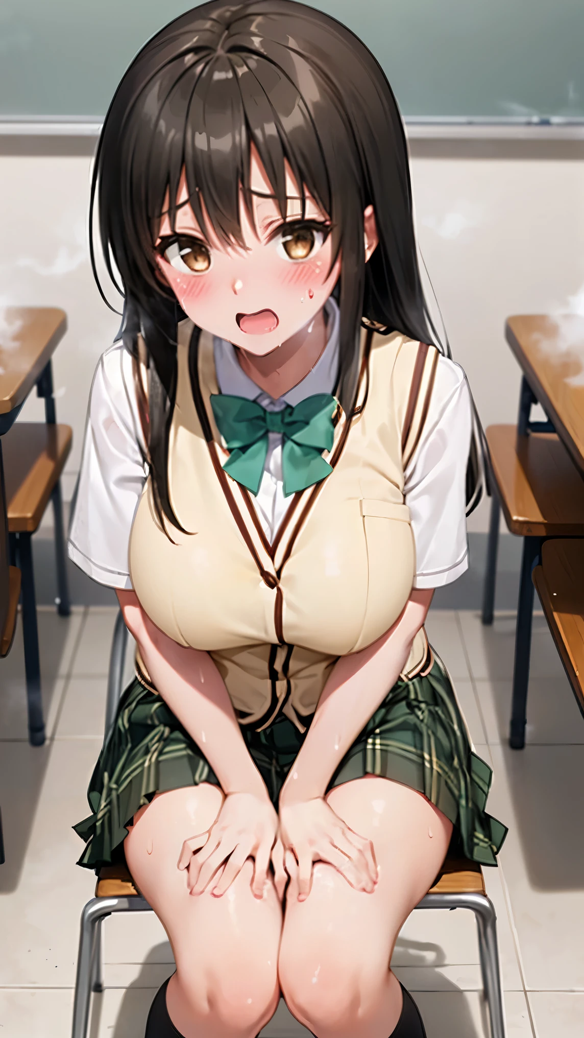 best quality,1girl,((big breasts:1.3)),curvy,((orgasm,blush,sweat,steam:1.3)),yui kotegawa, black hair, (brown eyes:1.5), long hair, green skirt, plaid, plaid skirt,((sainan high , school uniform)), skirt, short sleeves,thighhighs,remote controller, remote control,crotchAngle,head out of frame,lower body,have to pee,covering crotch,(((hand between legs))),knees together feet apart,stand,((standing,リモコン,boy:1.1)),classroom