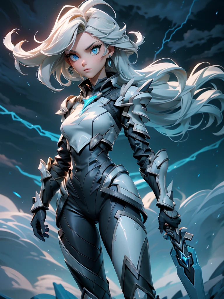 (((masterpiece, best quality 16k)))((full body shot)) of a slender girl in electrifying, futuristic armor with sleek gold and blue accents, standing in a stormy, electrified sky. She has short, spiky platinum blonde hair and piercing, electric blue eyes. Her skin has a faint, radiant glow, and she is adorned with intricate lightning bolt motifs. She holds a magnificent staff crackling with arcs of lightning, emitting a powerful, electric aura. The atmosphere is {charged|awe-inspiring}, with thunderclouds and bolts of lightning illuminating the scene. The ground beneath her is charged with static electricity, creating a shimmering effect and adding to the electrifying ambiance. Surrounding her are swirling storm clouds and bursts of lightning in shades of {blue|white}, casting a dynamic, electrical glow. The background features towering, swirling storm formations and glimpses of a distant, lightning-lit castle, hinting at a kingdom ruled by thunder and lightning. The scene is intense and majestic, with her face showing a confident yet serene expression, her eyes focused intently on harnessing her power.

[Best quality], [Masterpiece], [Ultra-detailed], [4k], {charged|awe-inspiring} atmosphere, stormy sky, {dynamic pose|commanding pose}, electrified illumination, {soft shadows|dramatic lighting}, {charged ground:0.7}, {swirling storm clouds:0.6}, {bursts of lightning:0.5}, {storm formations:0.4}, {lightning-lit castle:0.3}.