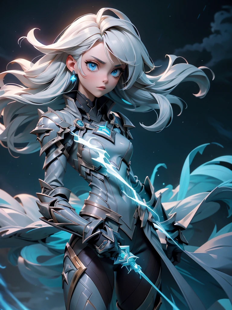 (((masterpiece, best quality 16k)))((full body shot)) of a slender girl in electrifying, futuristic armor with sleek gold and blue accents, standing in a stormy, electrified sky. She has short, spiky platinum blonde hair and piercing, electric blue eyes. Her skin has a faint, radiant glow, and she is adorned with intricate lightning bolt motifs. She holds a magnificent staff crackling with arcs of lightning, emitting a powerful, electric aura. The atmosphere is {charged|awe-inspiring}, with thunderclouds and bolts of lightning illuminating the scene. The ground beneath her is charged with static electricity, creating a shimmering effect and adding to the electrifying ambiance. Surrounding her are swirling storm clouds and bursts of lightning in shades of {blue|white}, casting a dynamic, electrical glow. The background features towering, swirling storm formations and glimpses of a distant, lightning-lit castle, hinting at a kingdom ruled by thunder and lightning. The scene is intense and majestic, with her face showing a confident yet serene expression, her eyes focused intently on harnessing her power.

[Best quality], [Masterpiece], [Ultra-detailed], [4k], {charged|awe-inspiring} atmosphere, stormy sky, {dynamic pose|commanding pose}, electrified illumination, {soft shadows|dramatic lighting}, {charged ground:0.7}, {swirling storm clouds:0.6}, {bursts of lightning:0.5}, {storm formations:0.4}, {lightning-lit castle:0.3}.