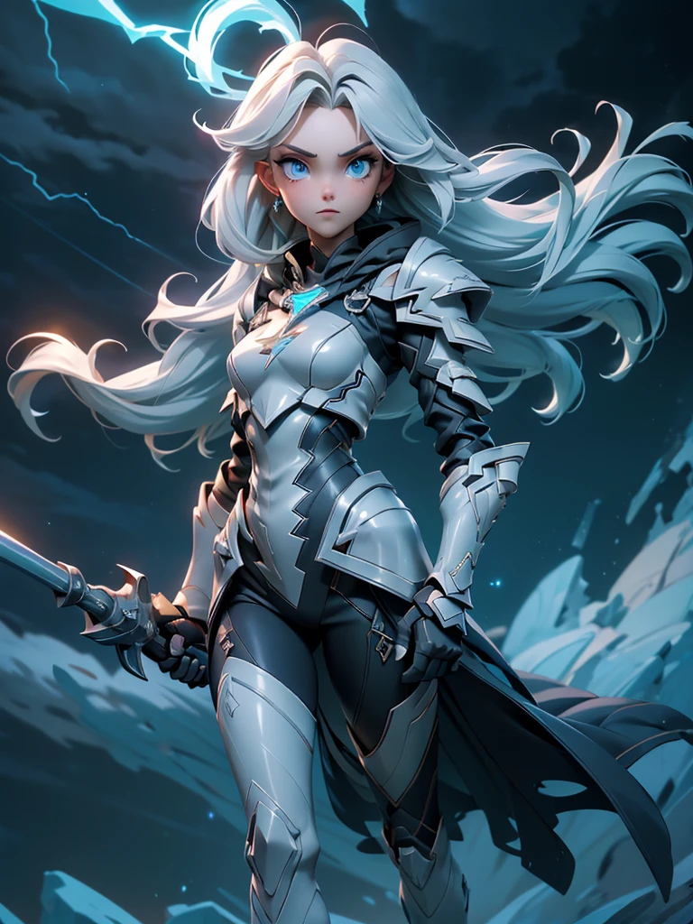 (((masterpiece, best quality 16k)))((full body shot)) of a slender girl in electrifying, futuristic armor with sleek gold and blue accents, standing in a stormy, electrified sky. She has short, spiky platinum blonde hair and piercing, electric blue eyes. Her skin has a faint, radiant glow, and she is adorned with intricate lightning bolt motifs. She holds a magnificent staff crackling with arcs of lightning, emitting a powerful, electric aura. The atmosphere is {charged|awe-inspiring}, with thunderclouds and bolts of lightning illuminating the scene. The ground beneath her is charged with static electricity, creating a shimmering effect and adding to the electrifying ambiance. Surrounding her are swirling storm clouds and bursts of lightning in shades of {blue|white}, casting a dynamic, electrical glow. The background features towering, swirling storm formations and glimpses of a distant, lightning-lit castle, hinting at a kingdom ruled by thunder and lightning. The scene is intense and majestic, with her face showing a confident yet serene expression, her eyes focused intently on harnessing her power.

[Best quality], [Masterpiece], [Ultra-detailed], [4k], {charged|awe-inspiring} atmosphere, stormy sky, {dynamic pose|commanding pose}, electrified illumination, {soft shadows|dramatic lighting}, {charged ground:0.7}, {swirling storm clouds:0.6}, {bursts of lightning:0.5}, {storm formations:0.4}, {lightning-lit castle:0.3}.