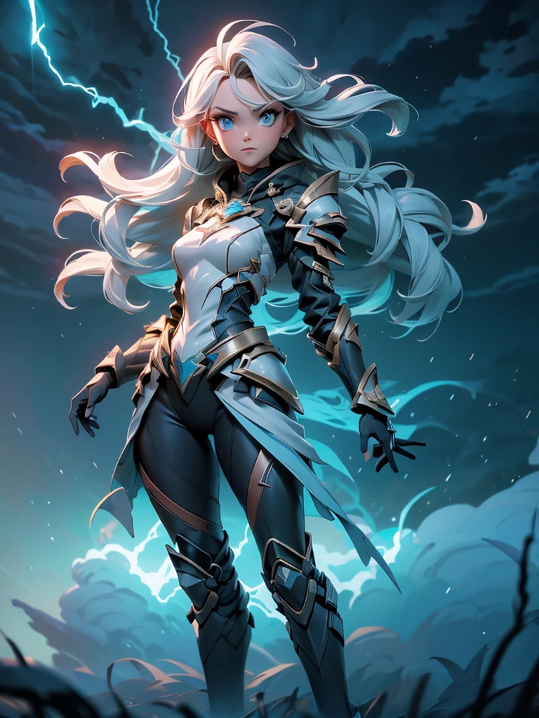(((masterpiece, best quality 16k)))((full body shot)) of a slender girl in electrifying, futuristic armor with sleek gold and blue accents, standing in a stormy, electrified sky. She has short, spiky platinum blonde hair and piercing, electric blue eyes. Her skin has a faint, radiant glow, and she is adorned with intricate lightning bolt motifs. She holds a magnificent staff crackling with arcs of lightning, emitting a powerful, electric aura. The atmosphere is {charged|awe-inspiring}, with thunderclouds and bolts of lightning illuminating the scene. The ground beneath her is charged with static electricity, creating a shimmering effect and adding to the electrifying ambiance. Surrounding her are swirling storm clouds and bursts of lightning in shades of {blue|white}, casting a dynamic, electrical glow. The background features towering, swirling storm formations and glimpses of a distant, lightning-lit castle, hinting at a kingdom ruled by thunder and lightning. The scene is intense and majestic, with her face showing a confident yet serene expression, her eyes focused intently on harnessing her power.

[Best quality], [Masterpiece], [Ultra-detailed], [4k], {charged|awe-inspiring} atmosphere, stormy sky, {dynamic pose|commanding pose}, electrified illumination, {soft shadows|dramatic lighting}, {charged ground:0.7}, {swirling storm clouds:0.6}, {bursts of lightning:0.5}, {storm formations:0.4}, {lightning-lit castle:0.3}.