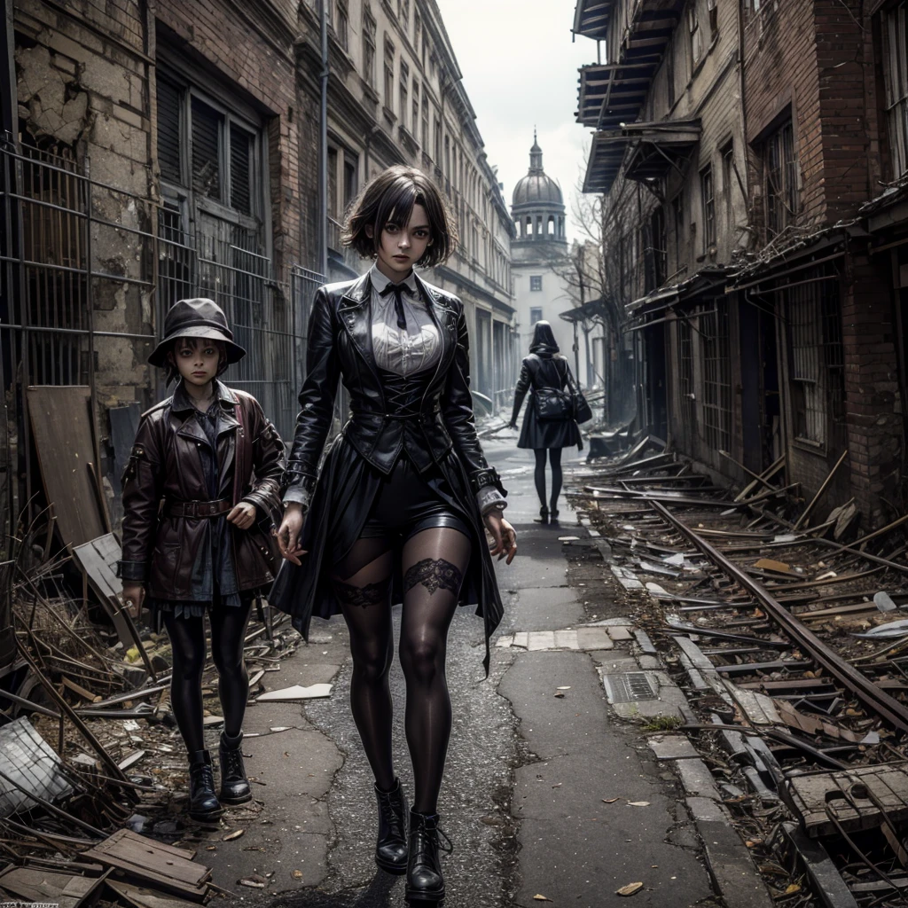 a woman in a steampunk uniform crosses a semi-destroyed gothic village, together with her there are two surreal steampunk characters, some surreal animals can be glimpsed among the rubble