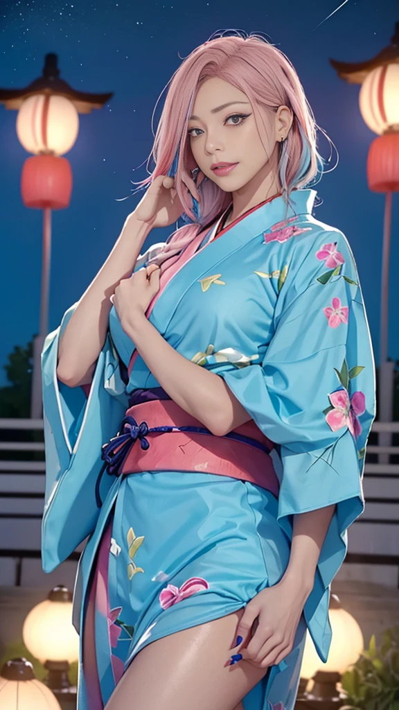 full body,Long Shot,nude (((Highest quality)), (Very detailed), 1 girl, (Rainbow Hair, Colorful Hair, Half blue and half pink hair: 1.2), , (Put on a yukata), 真夏のnight、plein air, bangs, smile, Sky blue eyes, Perfect hands, Perfect hands, Hand Detail, Corrected Fingers. earrings, Night Store + background, up looking_in_Audience, Cowboy Shot, Highest quality, Rich details, Perfect image quality, Dark blue、(night:1.5, Japanese Summer Festivals)、Half-up hairstyle、