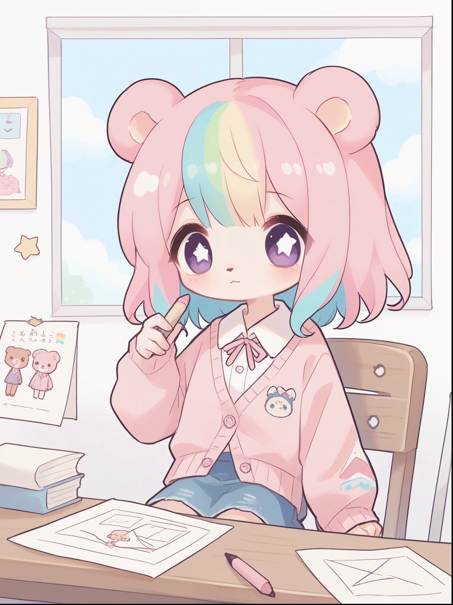 score_9, score_8_up, score_7_up, score_6_up, score_5_up, score_4_up, source_anime, rating_safe,

1girwhite background, cowboy shot,baby blue jean skirt with pink belt,pastel pink cardigan with buttons and a pastel pink bow,pastel multicolor hair, purple eyes, tiny bear ears, bear ears,pastel rainbow hair, star shaped eyes, sitting on wooden chair,drawing on table,looking at paper,holding crayon,window behind,blue sky,papers on wall