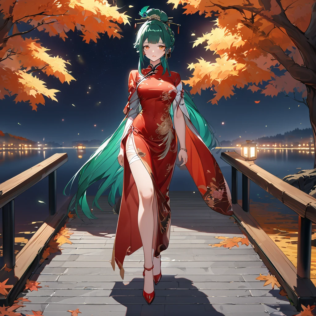 A woman wearing traditional Chinese dress, red dress with bamboo designs, green hair, tied up hair, long hair, orange eyes, peacock feather in her hair, red heels, feathers on her sleeve, standing posture, walking on a concrete walkway near of a lake, autumn tree, perfect face, perfect eyes, perfect lips, night place, lighting with fireflies, punishing_gray_raven, Hanying, .UHD , prime work , accurate , anatomically correct , textured skin , super details , high quality , best quality, 8k, high resolution, bokeh effect. (woman solo)
