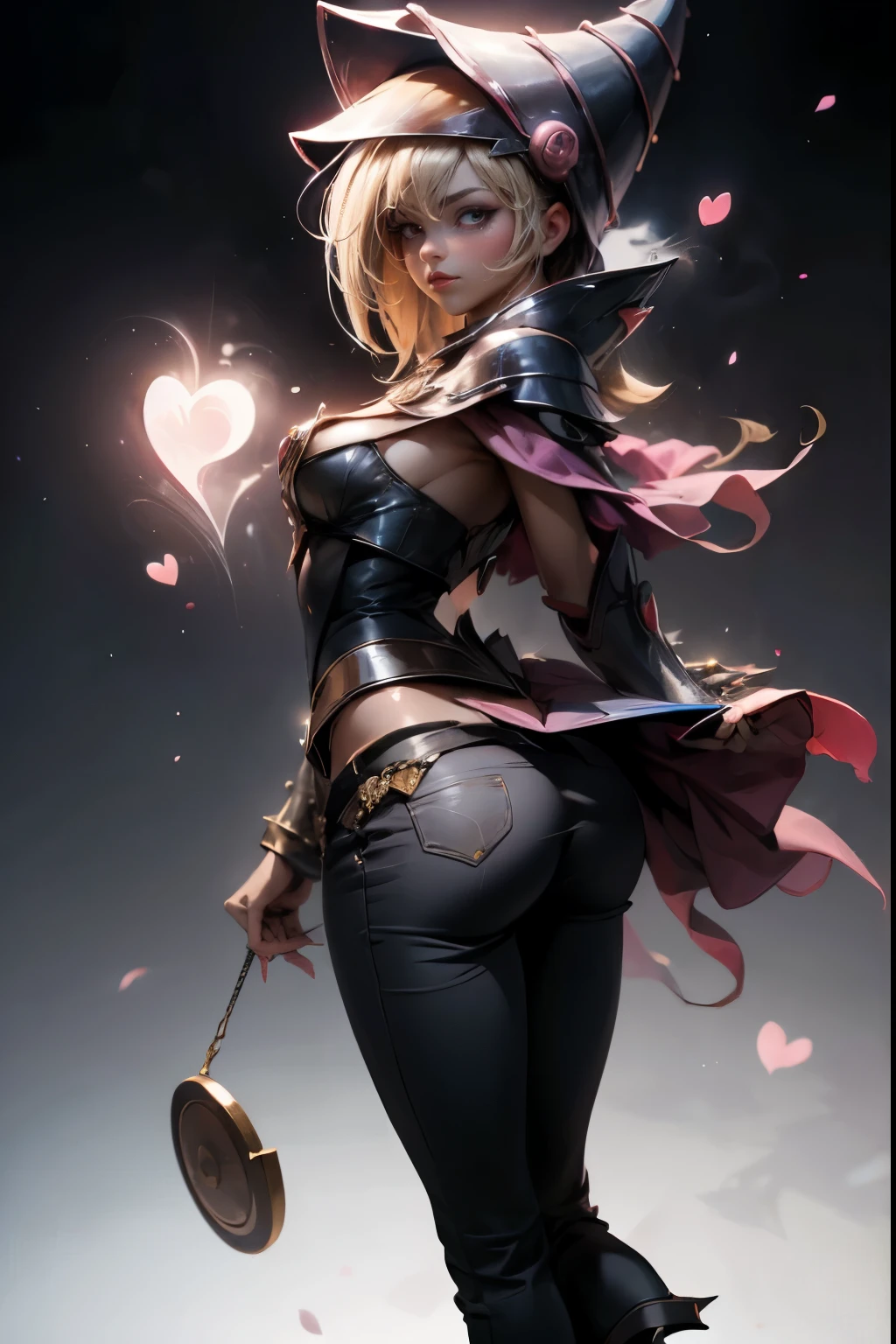 dark magician gils, with high-heels. Pants, sexy, Subjective and sensual pose, standing showing her butt. magic background. Magical heart in the air. magic circle