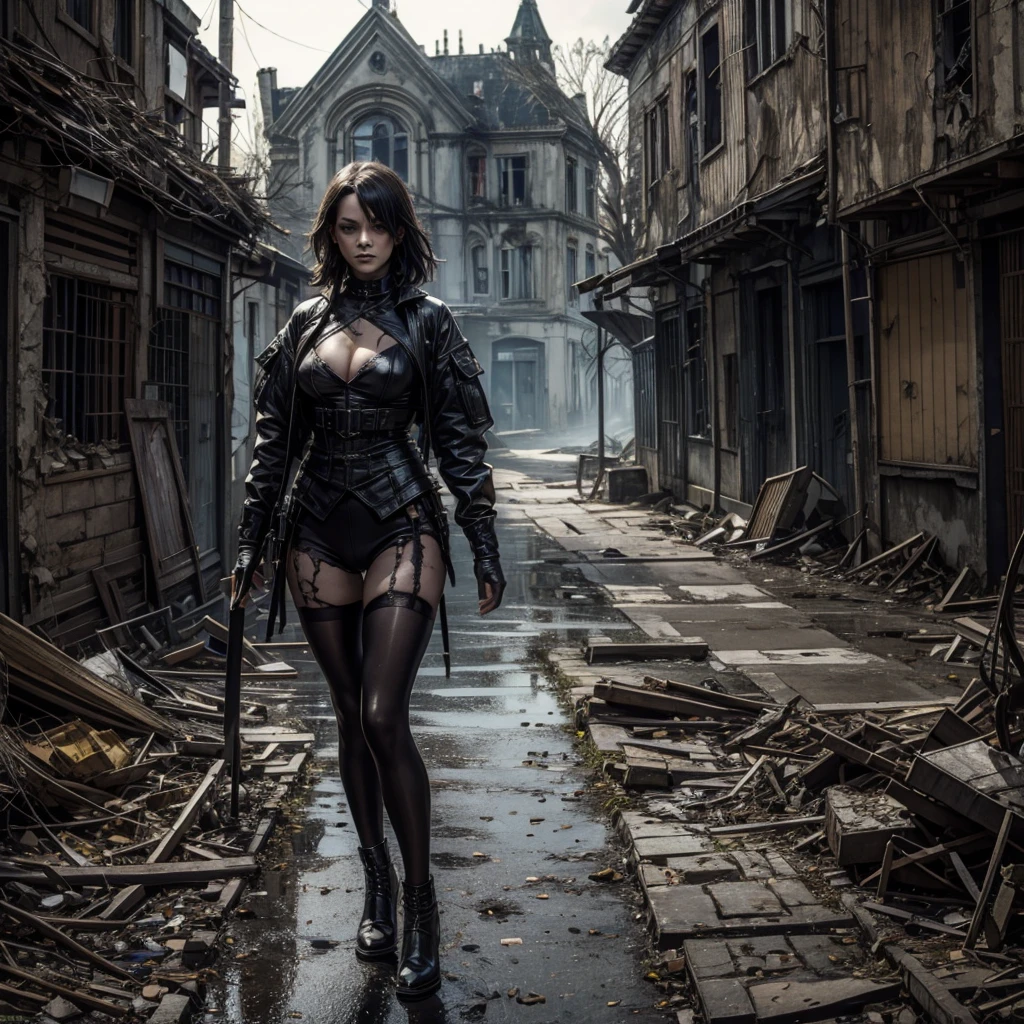 Scary girl in tights, In the background is a sinister and dilapidated asylum.