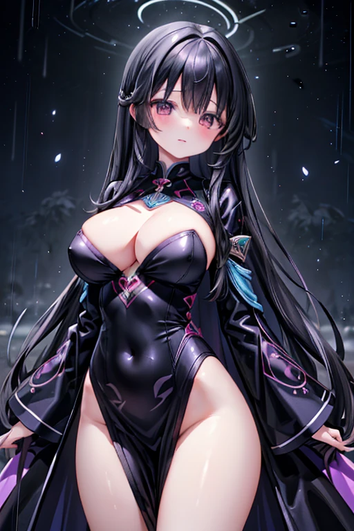 Maximum quality, Masterpiece artwork, high qualiy (Uma garota very beautiful, very beautiful) with long, curly, full black hair, big boobies, muslos grandes , purples eyes, kind and cute, wearing a long, voluminous coat with large sleeves, outdoors and amidst dense forest and calm rain.