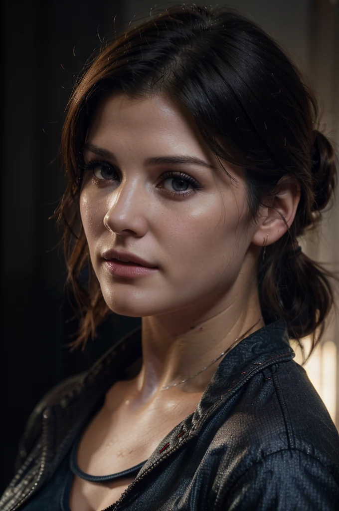 beautiful detailed eyes, beautiful detailed lips, extremely detailed eyes and face, longeyelashes, 1girl, photo of Gemma Arterton, Claire Redfield from Resident Evil, medium: digital painting, black jacket, red t-shirt, dark blue jeans, hair tied up, realistic, photorealistic, photo-realistic:1.37, (best quality,4k,8k,highres,masterpiece:1.2),ultra-detailed,(realistic,photorealistic,photo-realistic:1.37),highly detailed, cinematic lighting, dynamic pose, dramatic atmosphere, vivid colors