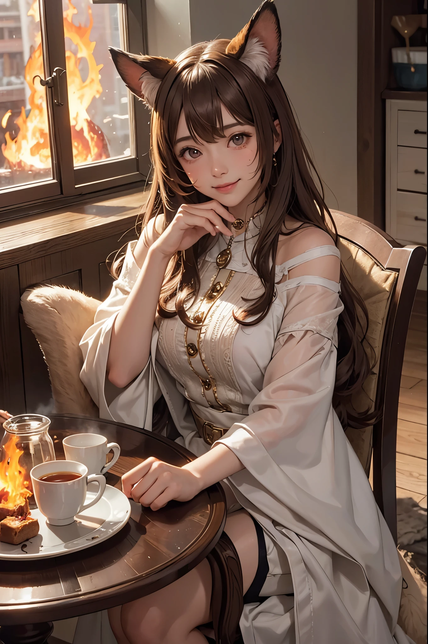 looking at viewer,detailed background,Cinematic Lighting,film grain,masterpiece,best quality,highly detailed,
glowing,Expressiveh,th3rm4l,colorful,
1girl,animal ears,brown hair,smile,cup,virtual youtuber,solo,dog ears,brown eyes,(fire:1.2),inugami korone,holding,bangs,sitting,long sleeves,teacup,blush,food,chair,table,sweat,indoors,closed mouth,dog girl,chibi,looking at viewer,(burning:1.2),
