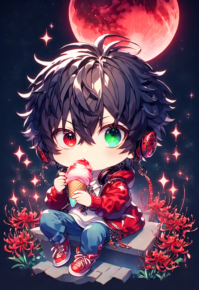 absurdres, highres, ultra detailed, HDR, master piece, best quality, extremely detailed, Yamada Ichiro chibi, chin length black hair, heterochromia, left eye is red, right eye is green, Hypnosis Mic, white hoodie with two zippers, red varsity jacket, red headphones around his neck, blue pants, red shoes, solo, cute, sitting, eating ice cream, fantasy, red blood water, sparkling, red glittering fireflies, red moon, red blossoms, red spider lilies, red sparkling lights, starry sky, magical