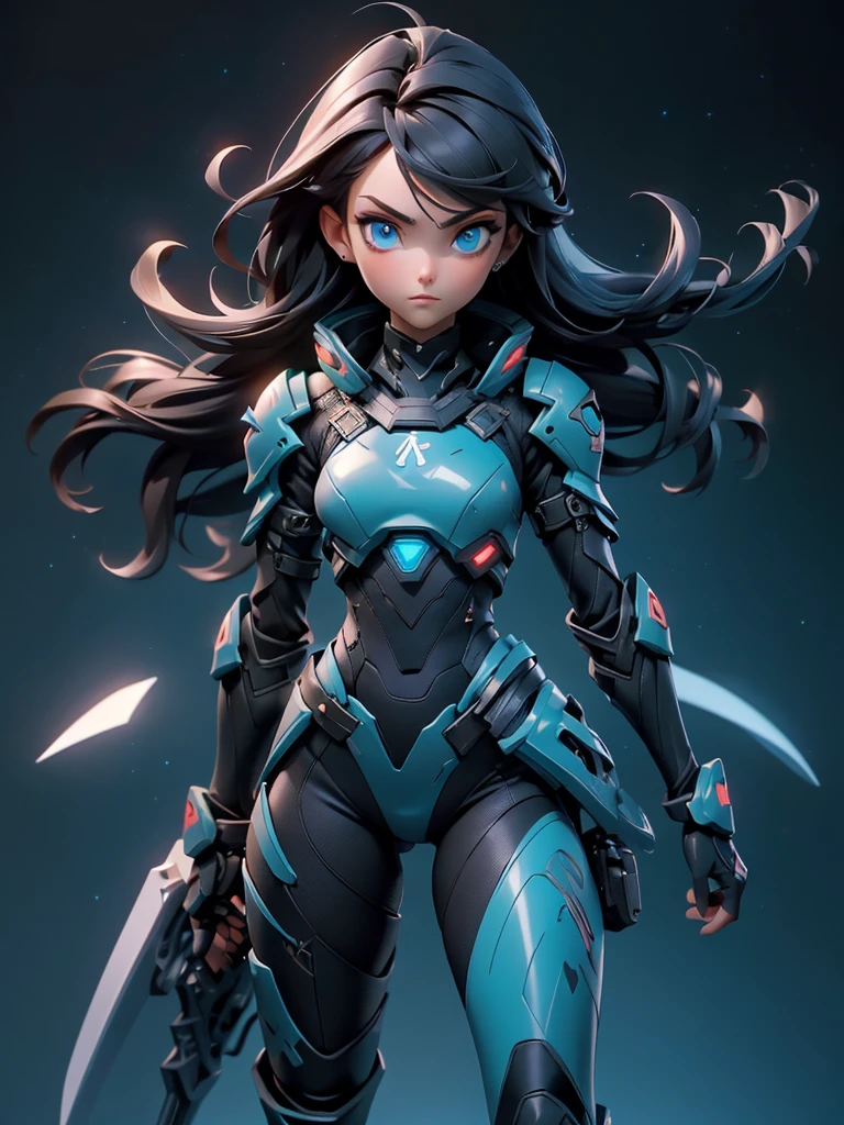 ((Best Quality)), ((Masterpiece)), ((Realistic)),((full body shot)) slender, cute girl with medium black hair and vibrant blue eyes. She wears a tight-fitting, sleek suit with high-tech boots and chestplates. The outfit includes matching vambraces, all in a futuristic, high-tech design. She wields a high-tech sword, adorned with glowing lights along the blade and hilt. The girl's expression is calm and focused, complementing her stylish, advanced gear.