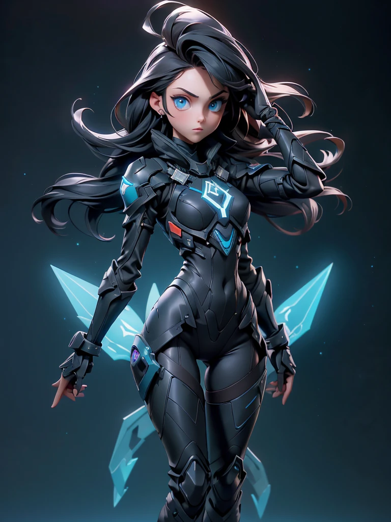((Best Quality)), ((Masterpiece)), ((Realistic)),((full body shot)) slender, cute girl with medium black hair and vibrant blue eyes. She wears a tight-fitting, sleek suit with high-tech boots and chestplates. The outfit includes matching vambraces, all in a futuristic, high-tech design. She wields a high-tech sword, adorned with glowing lights along the blade and hilt. The girl's expression is calm and focused, complementing her stylish, advanced gear.
