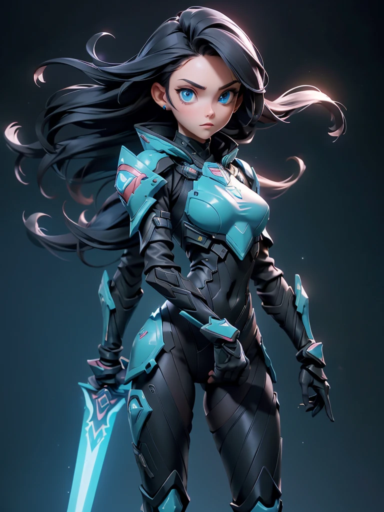 ((Best Quality)), ((Masterpiece)), ((Realistic)),((full body shot)) slender, cute girl with medium black hair and vibrant blue eyes. She wears a tight-fitting, sleek suit with high-tech boots and chestplates. The outfit includes matching vambraces, all in a futuristic, high-tech design. She wields a high-tech sword, adorned with glowing lights along the blade and hilt. The girl's expression is calm and focused, complementing her stylish, advanced gear.