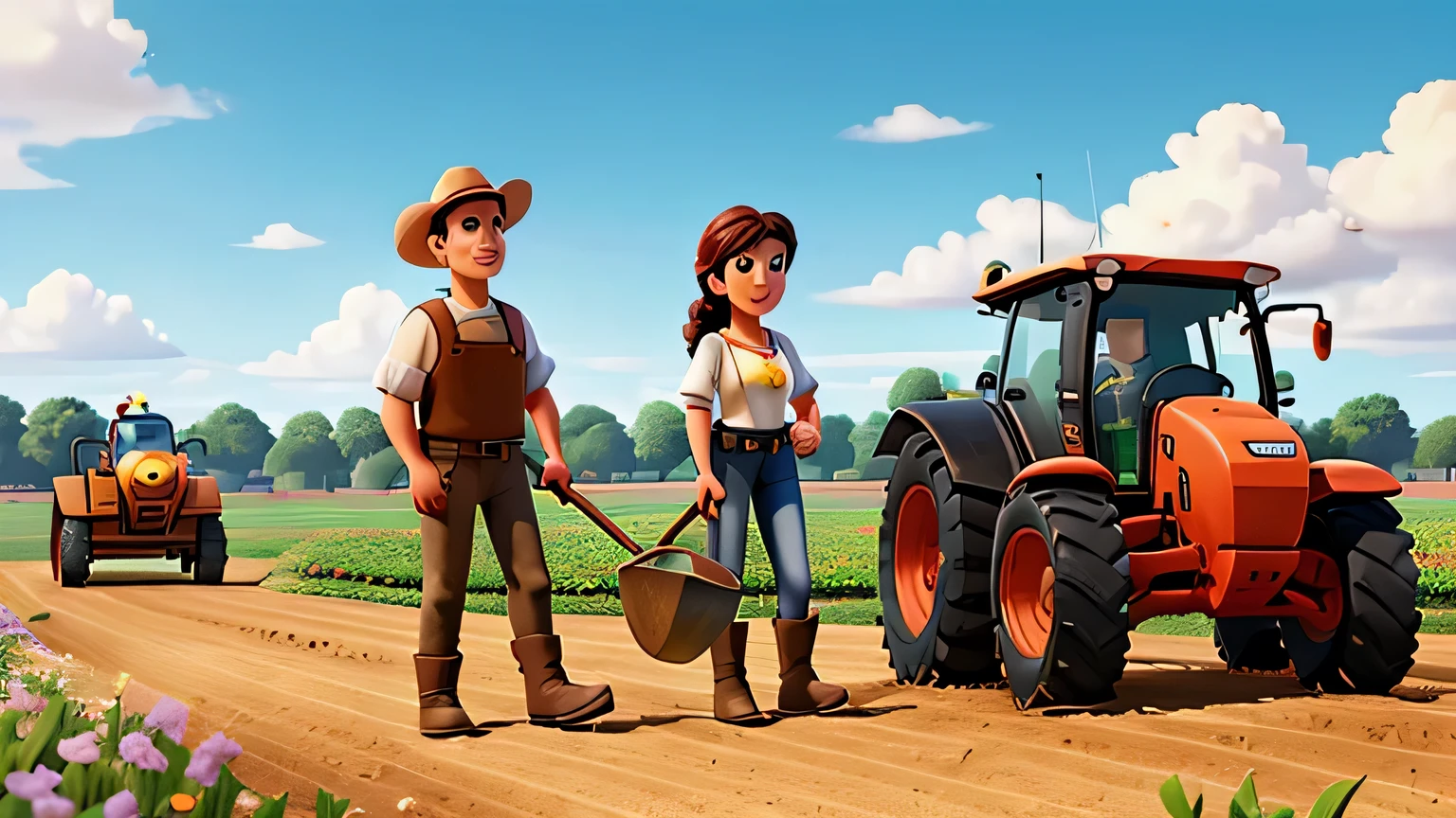 2 men and 1 woman, working hard in the fields with hoes and plows, disney pixar style