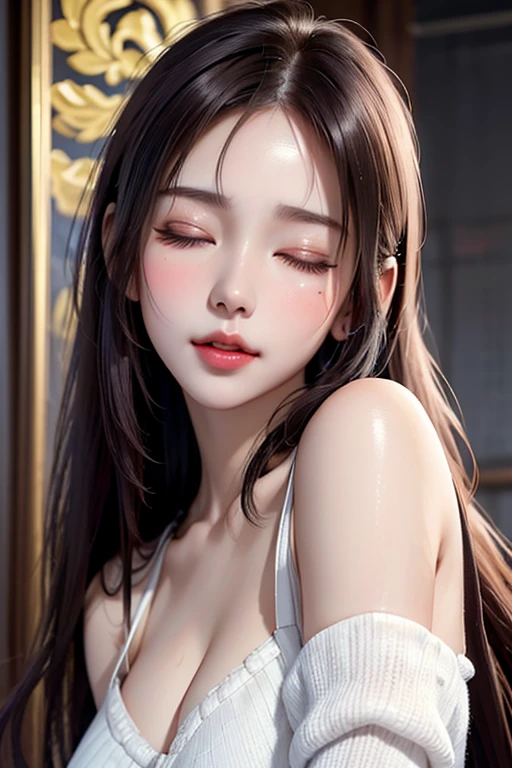 images above the bust, beautiful woman, make-up, amorous and lewd face, eyes closed, sad expression with head bowed, mouth half open, sighing, messy hair, wearing loose size clothing, great proportion, (ultra detailed, absolutely resolution, best quality:1.3), 2.5D, delicate and dynamic, portrait art, foggy effects