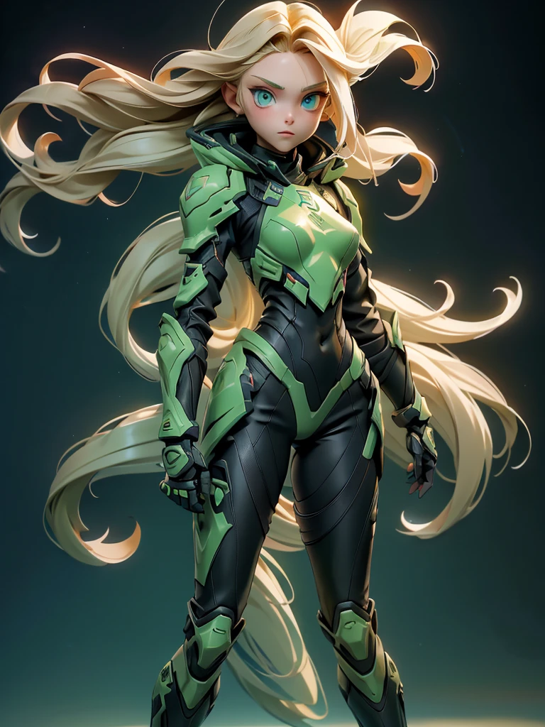 ((Best Quality)), ((Masterpiece)), ((Realistic)),((full body shot)) slender, cute girl with long blonde hair and vibrant green eyes. She wears a tight-fitting, sleek suit with high-tech boots and chestplates. The outfit includes matching vambraces, all in a futuristic, high-tech design. She wields a high-tech sword, adorned with glowing lights along the blade and hilt. The girl's expression is calm and focused, complementing her stylish, advanced gear.