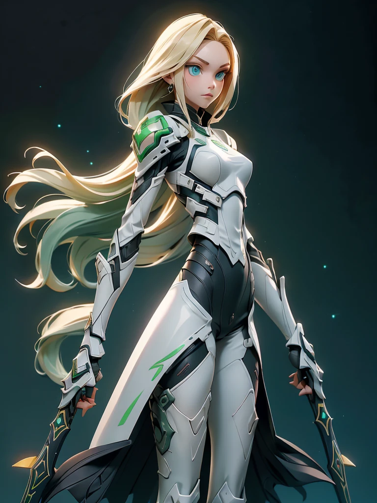 ((Best Quality)), ((Masterpiece)), ((Realistic)),((full body shot)) slender, cute girl with long blonde hair and vibrant green eyes. She wears a tight-fitting, sleek suit with high-tech boots and chestplates. The outfit includes matching vambraces, all in a futuristic, high-tech design. She wields a high-tech sword, adorned with glowing lights along the blade and hilt. The girl's expression is calm and focused, complementing her stylish, advanced gear.