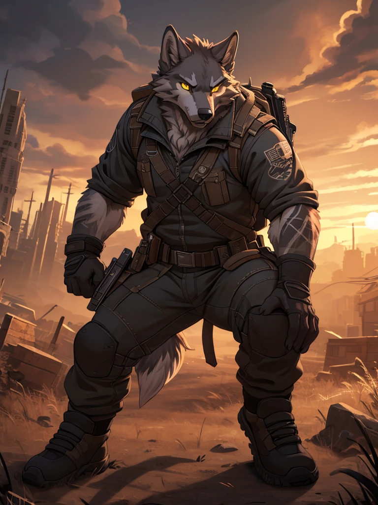 high quality, best quality masterpiece, the best definition add_detail:1 aesthetic and lighting details Wolf male apocalypse survivor, practical dirty techwear clothing, mature muscular male, thick body, dark gray fur, apocalypse landscape, body with tattoo, detailed eyes, pupila amarilla yellow eyes, ((action pose))  add_detail:1