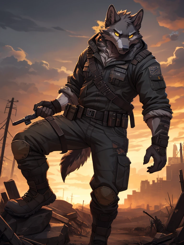 high quality, best quality masterpiece, the best definition add_detail:1 aesthetic and lighting details Wolf male apocalypse survivor, practical dirty techwear clothing, mature muscular male, thick body, dark gray fur, apocalypse landscape, body with tattoo, detailed eyes, pupila amarilla yellow eyes, ((action pose)) add_detail:1