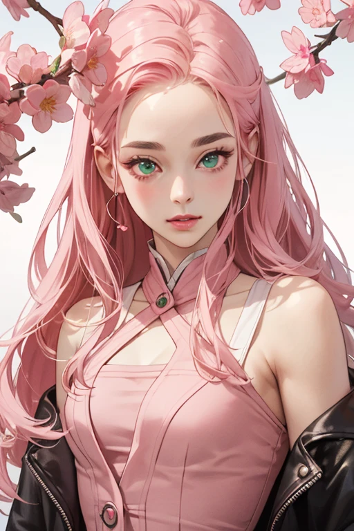 young woman, long pink hair, wide forehead, porcelain skin, pink eyebrows, big emerald green eyes, buttoned nose, thick lips, heart-shaped face, slender body, small breasts, pink leather dress, Sakura Haruno, realistic, realism black details 3d