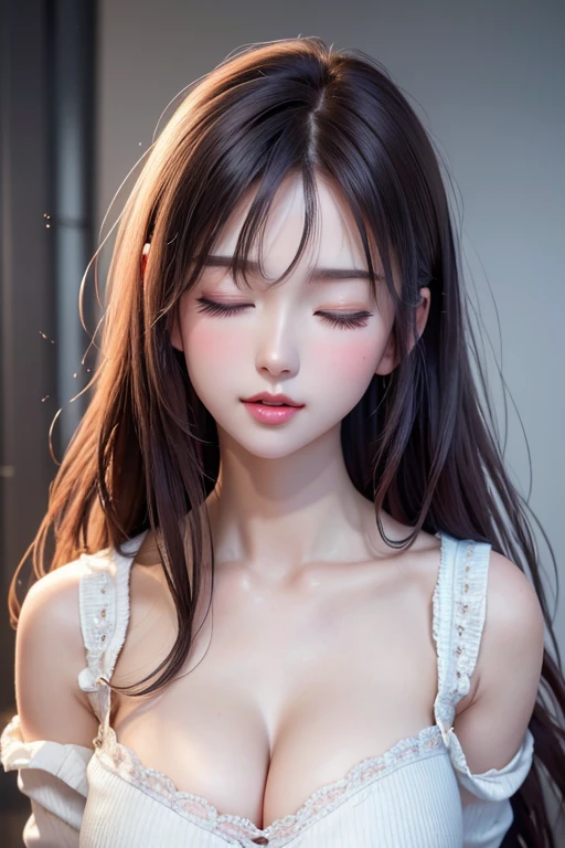 images above the bust, beautiful woman, make-up, amorous and lewd face, eyes closed, sad expression with head bowed, mouth half open, sighing, messy hair, wearing loose size clothing, great proportion, (ultra detailed, absolutely resolution, best quality:1.3), 2.5D, delicate and dynamic, portrait art, foggy effects