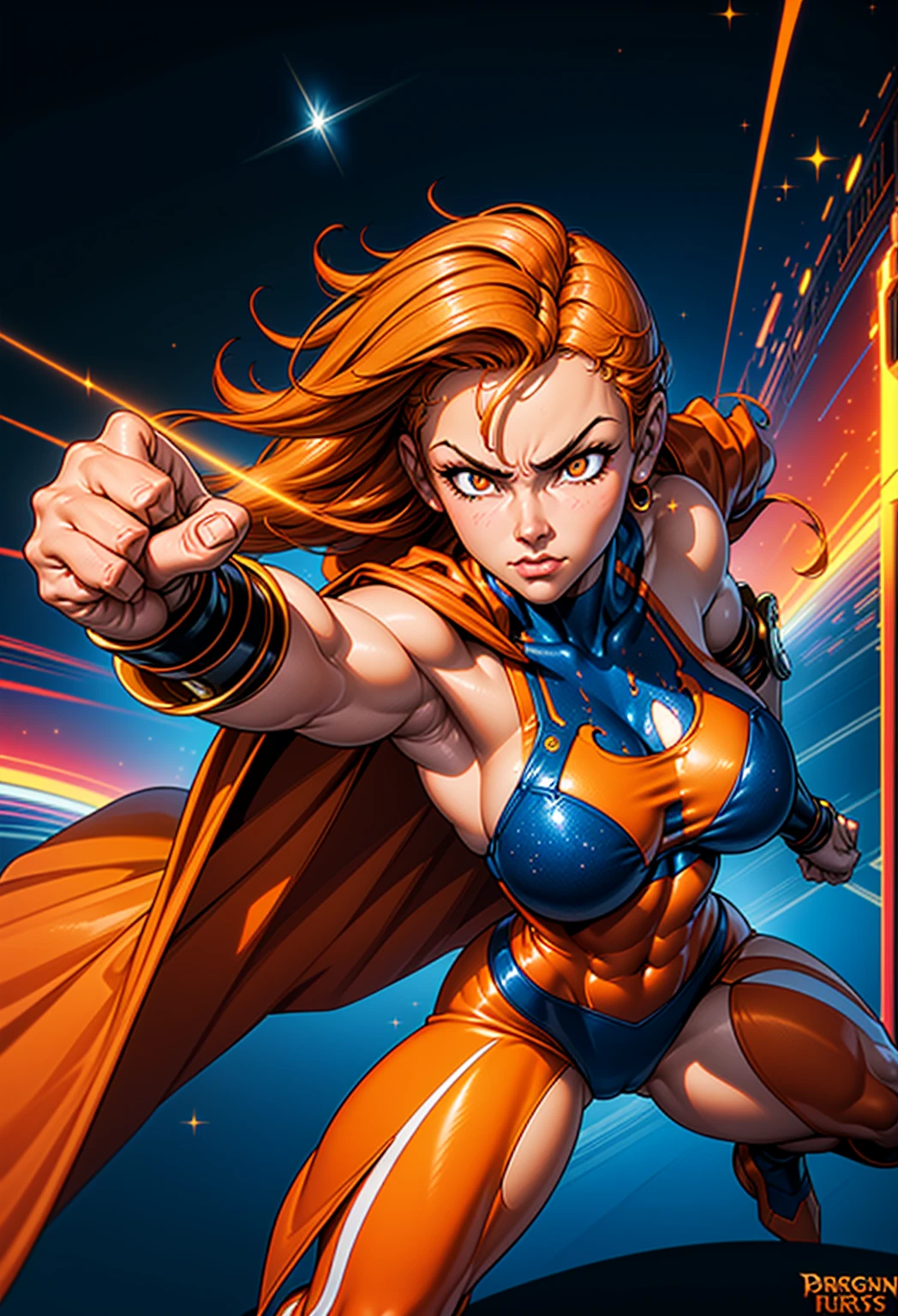 Digital painting of a woman with orange color mixed dark blue messy hair, long hair, Superhero, Muscle Girl, frying, Pose, fist up, From above, 1 knee up, bare shoulder, long cape, Behance Contest Winner, Afrofuturism, Synthwave, neon, glowing neon, Huge saggy breasts, (cute smile face:0.25), glitter galaxy background, planets,