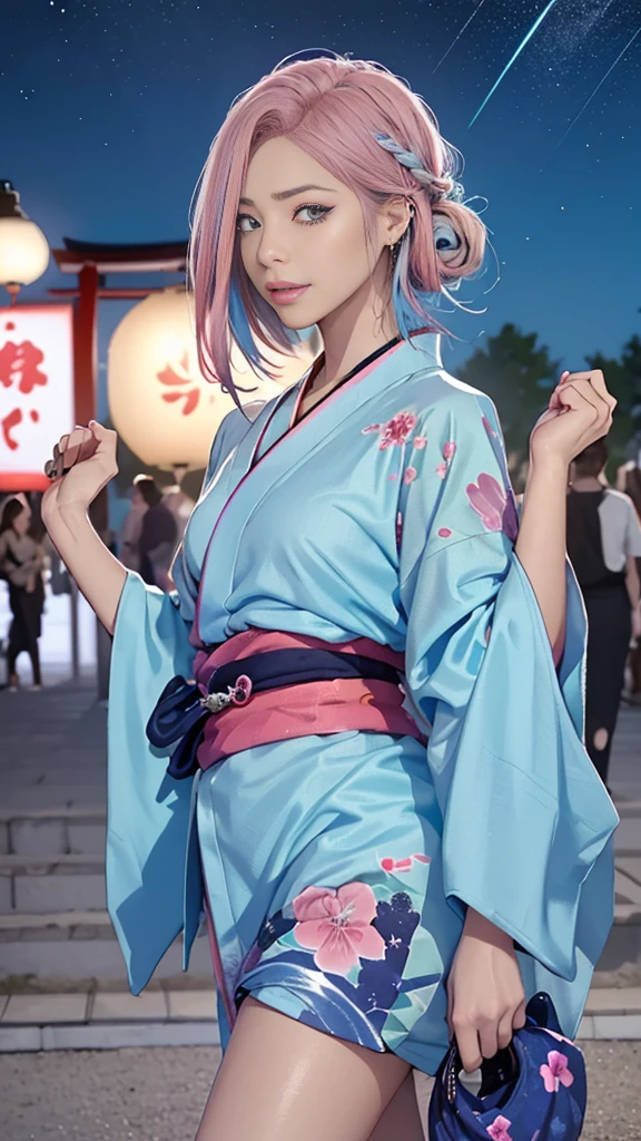full body,Long Shot,nude (((Highest quality)), (Very detailed), (((1 girl 0.5))), (Rainbow Hair, Colorful Hair, Half blue and half pink hair: 1.2), , (Put on a yukata), 真夏のnight、plein air, bangs, smile, Sky blue eyes, Perfect hands, Perfect hands, Hand Detail, Corrected Fingers. earrings, Night Store + background, up looking_in_Audience, Cowboy Shot, Highest quality, Rich details, Perfect image quality, Dark blue、(night:1.5, Japanese Summer Festivals)、Half-up hairstyle、