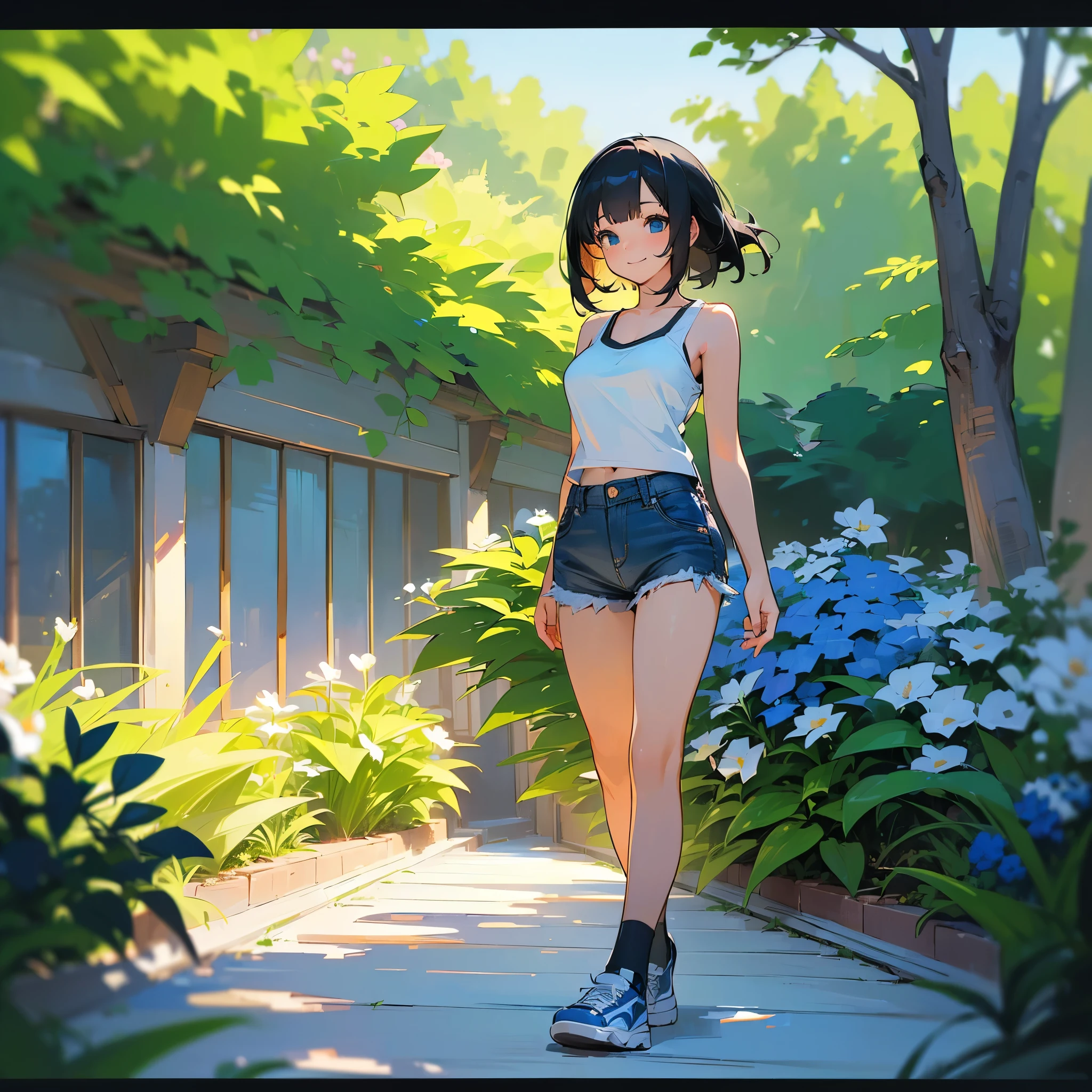 (high quality, High resolution, Very detailed, reality:1.37), Peaceful atmosphere, (Outdoor, garden), Teenage girl standing alone, (my breasts are big.), Beautiful details, Cute Smile, (Black bob hair), White tank top, Denim shorts, Blue socks, sneakers.