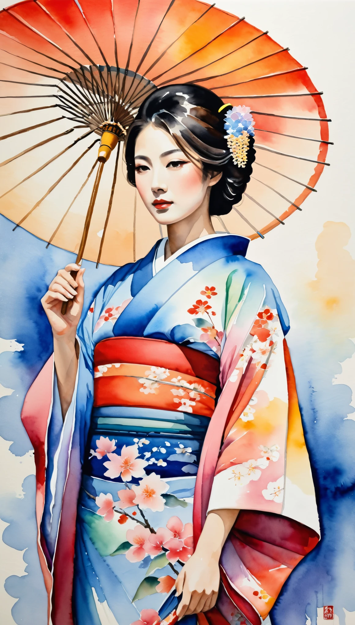 masterpiece,Acrylic watercolor painting of a Japanese woman in a beautiful kimono,(Beautiful gradation created by layering),(Tarashikomi technique)