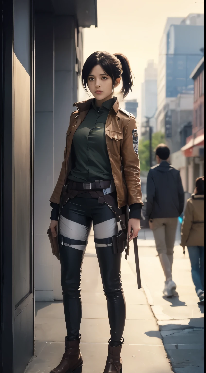 Sasha braus, attack on titan, black hair ponytail, brown eyes, modern city background, ultra realistic, ultra detailed, best quality, masterpiece.