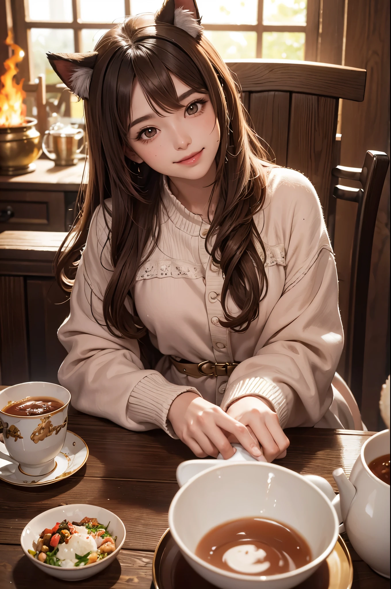 looking at viewer,detailed background,Cinematic Lighting,film grain,masterpiece,best quality,highly detailed,
glowing,Expressiveh,th3rm4l,colorful,
1girl,animal ears,brown hair,smile,cup,virtual youtuber,solo,dog ears,brown eyes,(fire:1.2),inugami korone,holding,bangs,sitting,long sleeves,teacup,blush,food,chair,table,sweat,indoors,closed mouth,dog girl,chibi,looking at viewer,(burning:1.2),