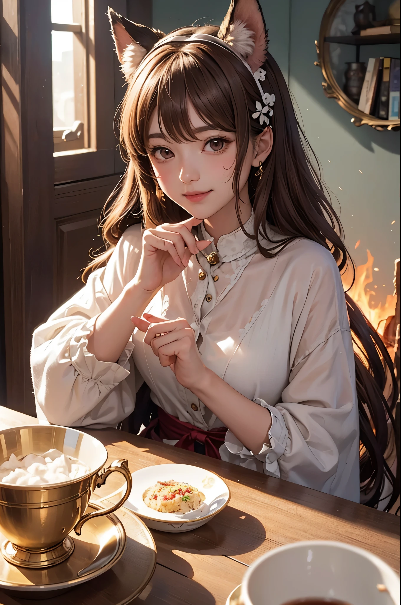 looking at viewer,detailed background,Cinematic Lighting,film grain,masterpiece,best quality,highly detailed,
glowing,Expressiveh,th3rm4l,colorful,
1girl,animal ears,brown hair,smile,cup,virtual youtuber,solo,dog ears,brown eyes,(fire:1.2),inugami korone,holding,bangs,sitting,long sleeves,teacup,blush,food,chair,table,sweat,indoors,closed mouth,dog girl,chibi,looking at viewer,(burning:1.2),