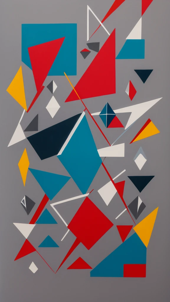 Abstract painting with vibrant colors and geometric shapes. (((Gray background))). It features a mix of red and white, White and blue colors. The composition includes a diamond shape at the top, Small triangles and squares. Some have circles and lines intertwined with the shapes..