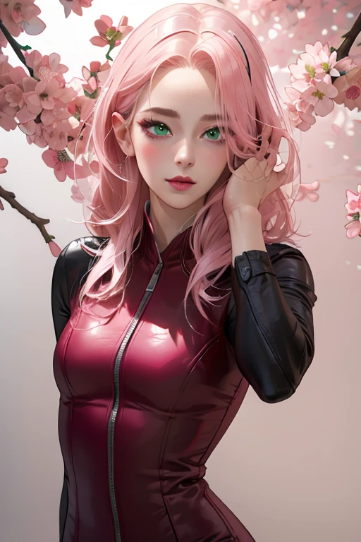 young woman, long pink hair, wide forehead, porcelain skin, pink eyebrows, big emerald green eyes, buttoned nose, thick lips, heart-shaped face, slender body, small breasts, pink leather dress, Sakura Haruno, realistic, realism black details 3d