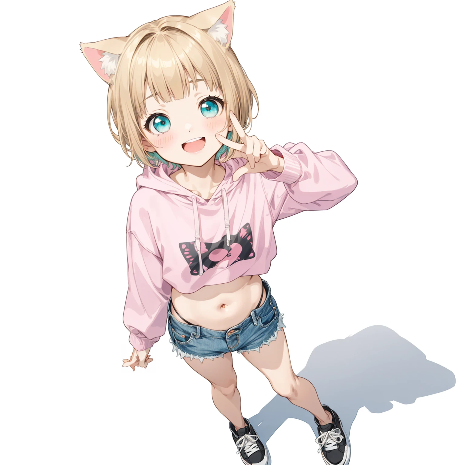 First Job, Better Quality, 1. garota Laughter, Short Mash Hair、short hair、Blonde Hair Color、、Cat ear、Turquoise Eyes、Pink hoodie、Belly button、Denim hot pants、Black sneakers、, a bit , a bit, Laughter (Solo Girl)、look up、The camera is from above、Bangs straight、Please draw the fingers in detail.、Masterpiece