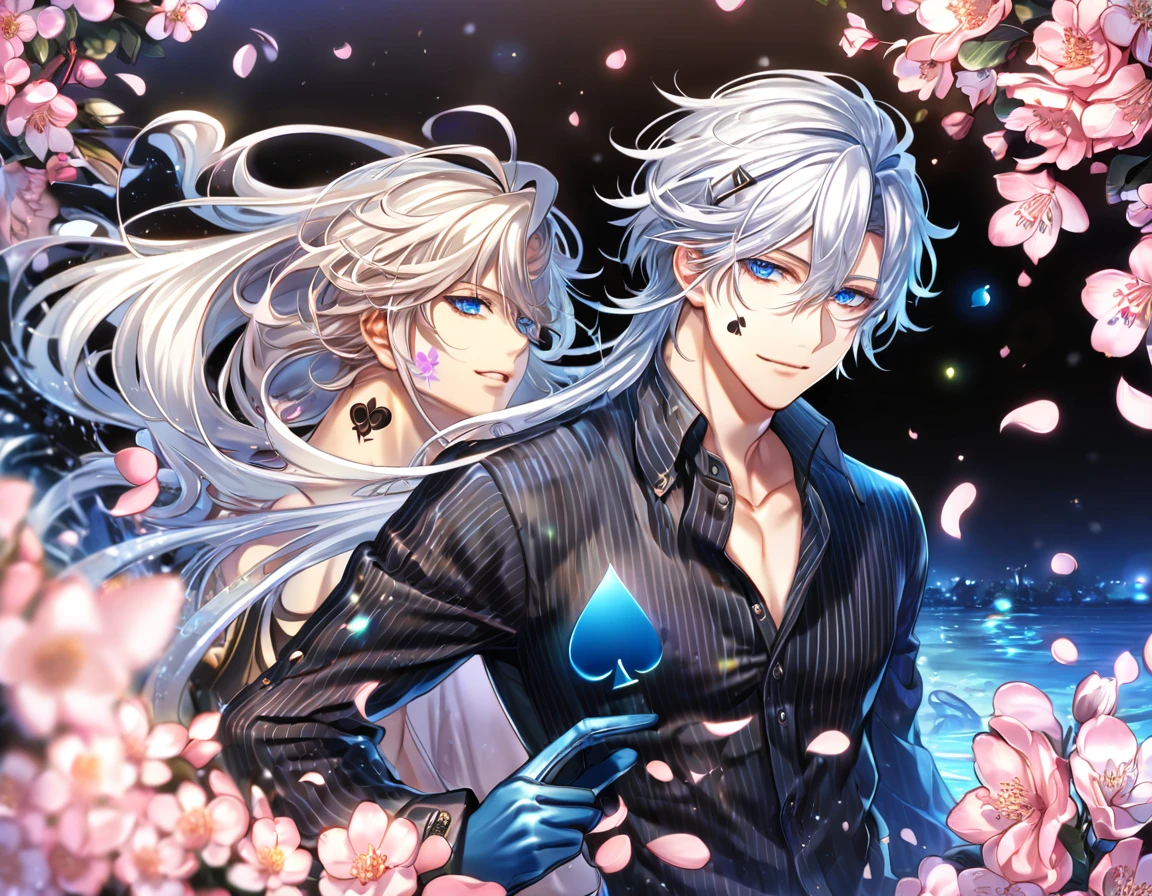 absurdres, highres, ultra detailed, HDR, master piece, Ikki, white hair, right side of his hair is notably shoulder-length, unlike its left, expressive blue eyes, on his left ear is a hair clip shaped like a black spade, Amnesia, sexy man, handsome, best quality, blossoms, pink petals, pink flowers, fantasy, magical, blue shining fireflies, solo, water, blue-and-black shirt that is vertically striped, a small tattoo of a black spade on his cheek left cheek, blue gloves, handsome smile