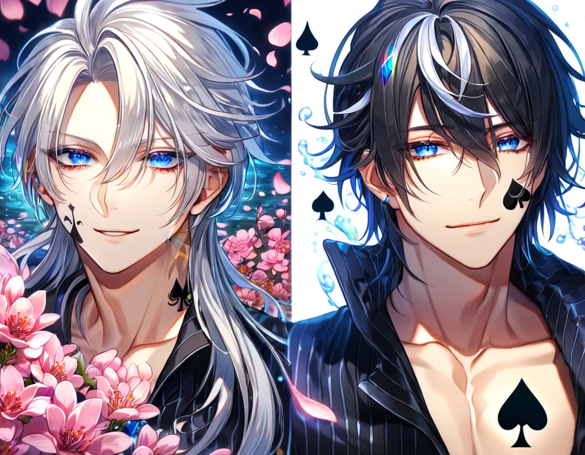 absurdres, highres, ultra detailed, HDR, master piece, Ikki, white hair, right side of his hair is notably shoulder-length, unlike its left, expressive blue eyes, on his left ear is a hair clip shaped like a black spade, Amnesia, sexy man, handsome, best quality, blossoms, pink petals, pink flowers, fantasy, magical, blue shining fireflies, solo, water, blue-and-black shirt that is vertically striped, a small tattoo of a black spade on his cheek left cheek, blue gloves, handsome smile