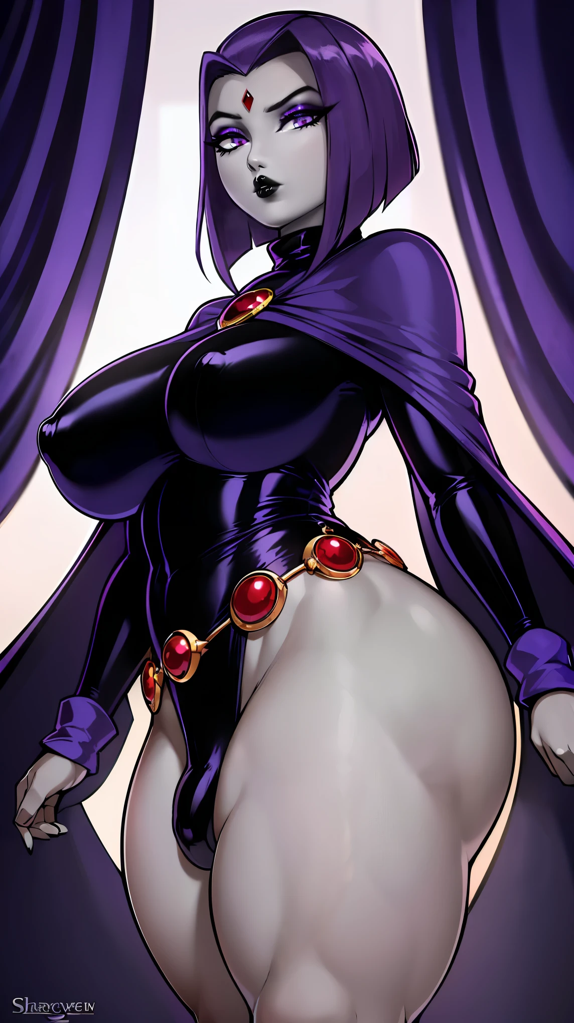 (solo:1.1),(masterpiece), (best quality:1.3), ultra detailed, intricate, professional art, digital art, absurdres, shadraven, (Full body view:1.1), 1girl, solo, (grey skin:1.4), dark purple hair, bob hair, dark purple eyes, hips wider than shoulders, pear shaped body, jewellery, detailed thighs, (thick thighs:1.3), red jewel in forehead, jewels, (long sleeved turtleneck leotard:1.4), (Red jewel Belt), (red jewel brooch), cuffs, small breasts, nipple bulge, (shadraven long dark purple cloak), (Shadraven broach:1.2), Shadraven jewel belt, Shadraven wearing a long sleeved leotard, long legs, ( long crotch bulge:1.4), large penis, large testicles, side view, looking at viewer, bubble butt , gluteal crease, universal lighting,