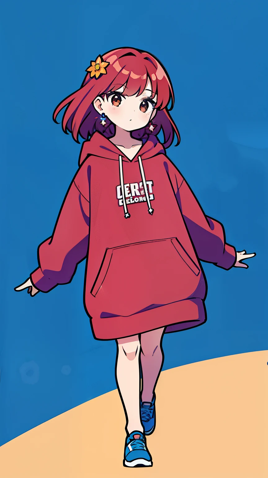 One Girl, Redhead, Medium Hair,cute,Earrings Flower Hair Ornaments, Dear Kurt, 8k resolution, 8K quality, Blue background, Brown eyes, Walking,Large hoodie