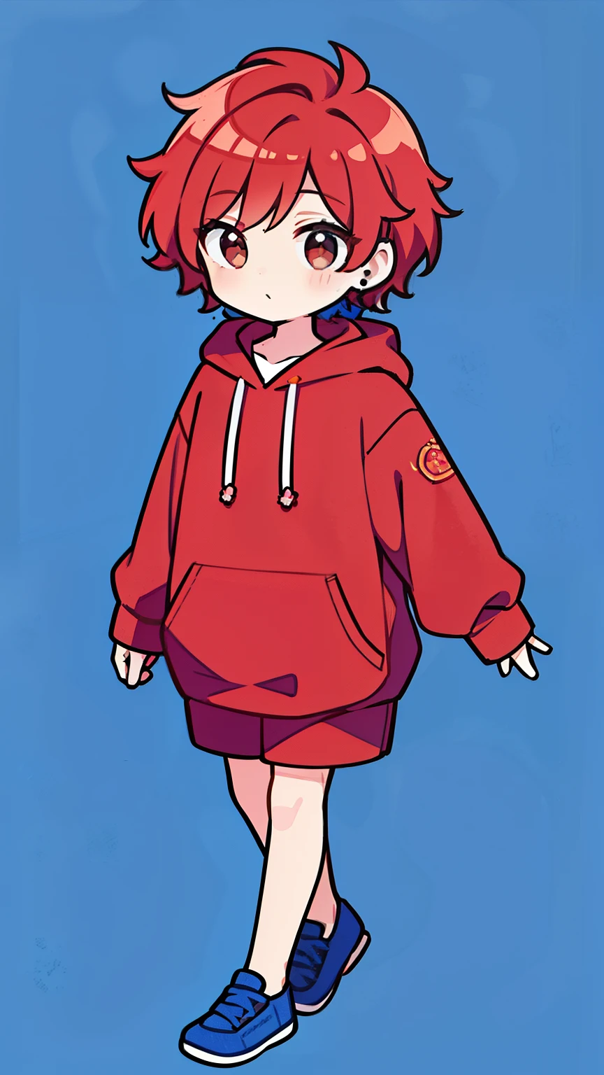 One boy, Redhead, Medium Hair,cute,Earrings Flower Hair Ornaments, Dear Kurt, 8k resolution, 8K quality, Blue background, Brown eyes, Walking,Large hoodie