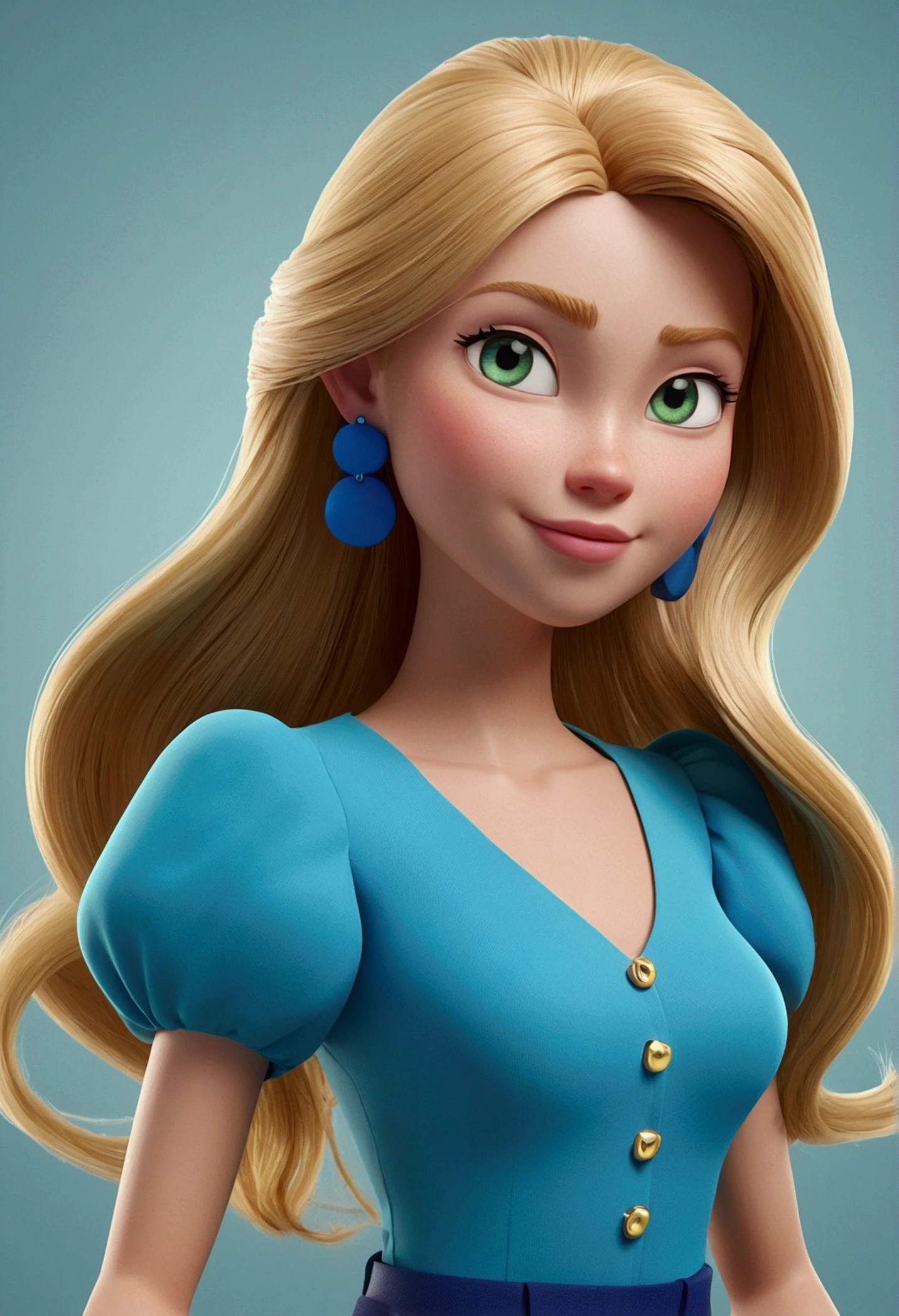 cartoon character of a blonde woman long straight hair green eye with blue blouse pants little blue puffy sleeves, earringless animation character, stylized character, animation style rendering, 3d stylized, Arnold Maya rendering, Stylized 3D rendering, toon render screenshot, 3d character, 3d character, Stylized 3D rendering, 3D character rendering, cartoon character, Personagem de close up, character posing